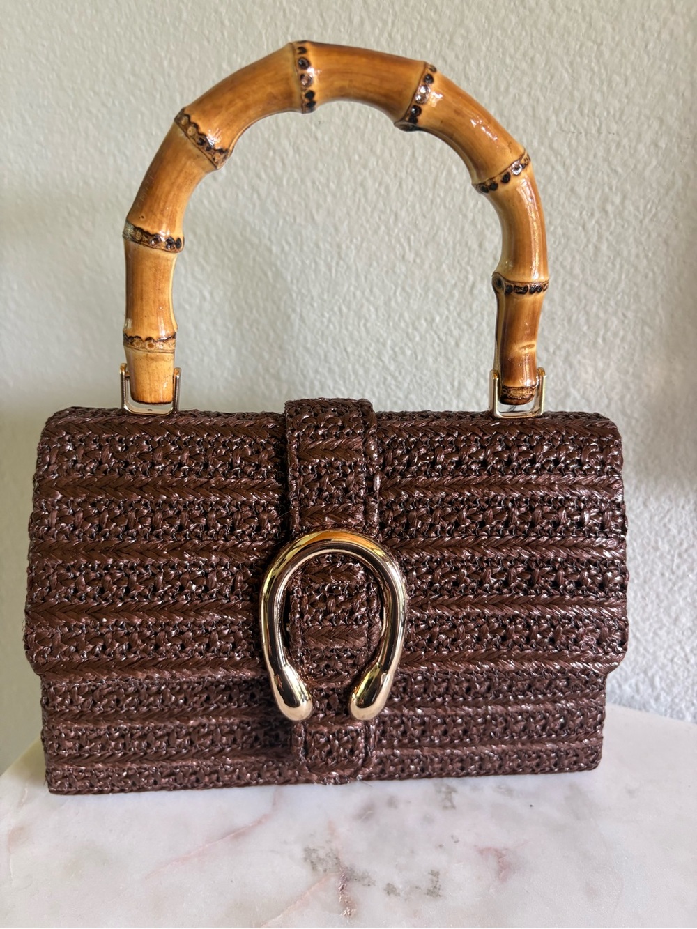 Woven Brown Top-Handle Bag with Bamboo Handle